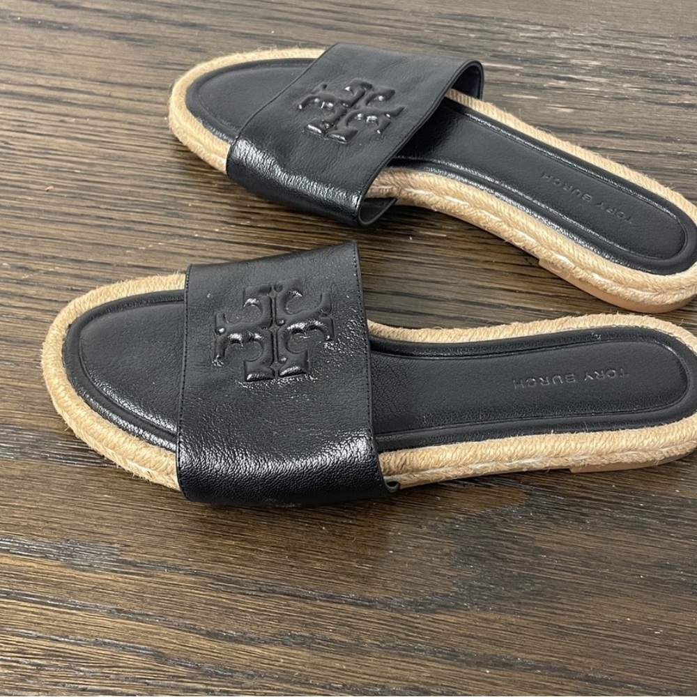 Tory Burch Black Leather Espadrille Slide Sandals.